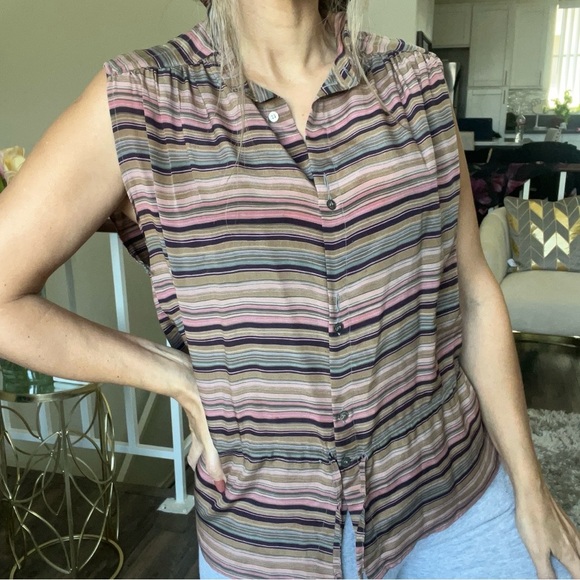 Bagarre 100% Silk Striped Sleeveless Buttoned Blouse Top belted Vtg Multicolor M - Picture 3 of 14